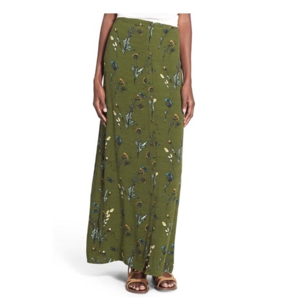 Hinge Green Floral Button Down Maxi Skirt Pockets